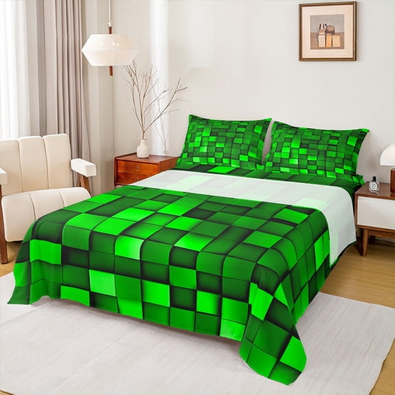 Manfei Abstract Plaid Print Twin Sheet Sets,Stereoscopic Checkered Twin Fitted Sheet,Green Pixel Grid Flat Sheet For Girls Boys,Breathable Home Decor,3pcs
