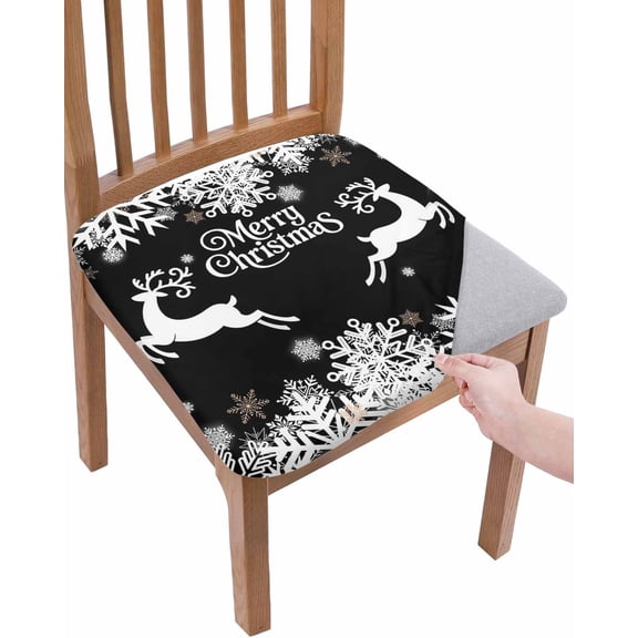 Black Christmas Chair Seat Covers for Dining Room Stretch Chair Seat Covers Set of 4, Elk Xmas Snowflake Winter Deer Chair Seat Protector Cushion Slipcovers for Kitchen Restaurant Office