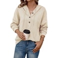 thumbnail image 3 of NFTOEIULA Women Button V Neck Long Sleeve Drawstring Jacquard Hood Sweatshirt, 3 of 7