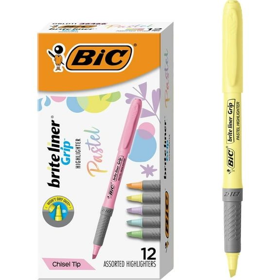 Brite Liner Grip Pastel Highlighter Set, Chisel Tip, 12-Count Pack of Pastel Highlighters in Assorted Colors, Cute Highlighters for Bullet Journaling, Note Taking and More