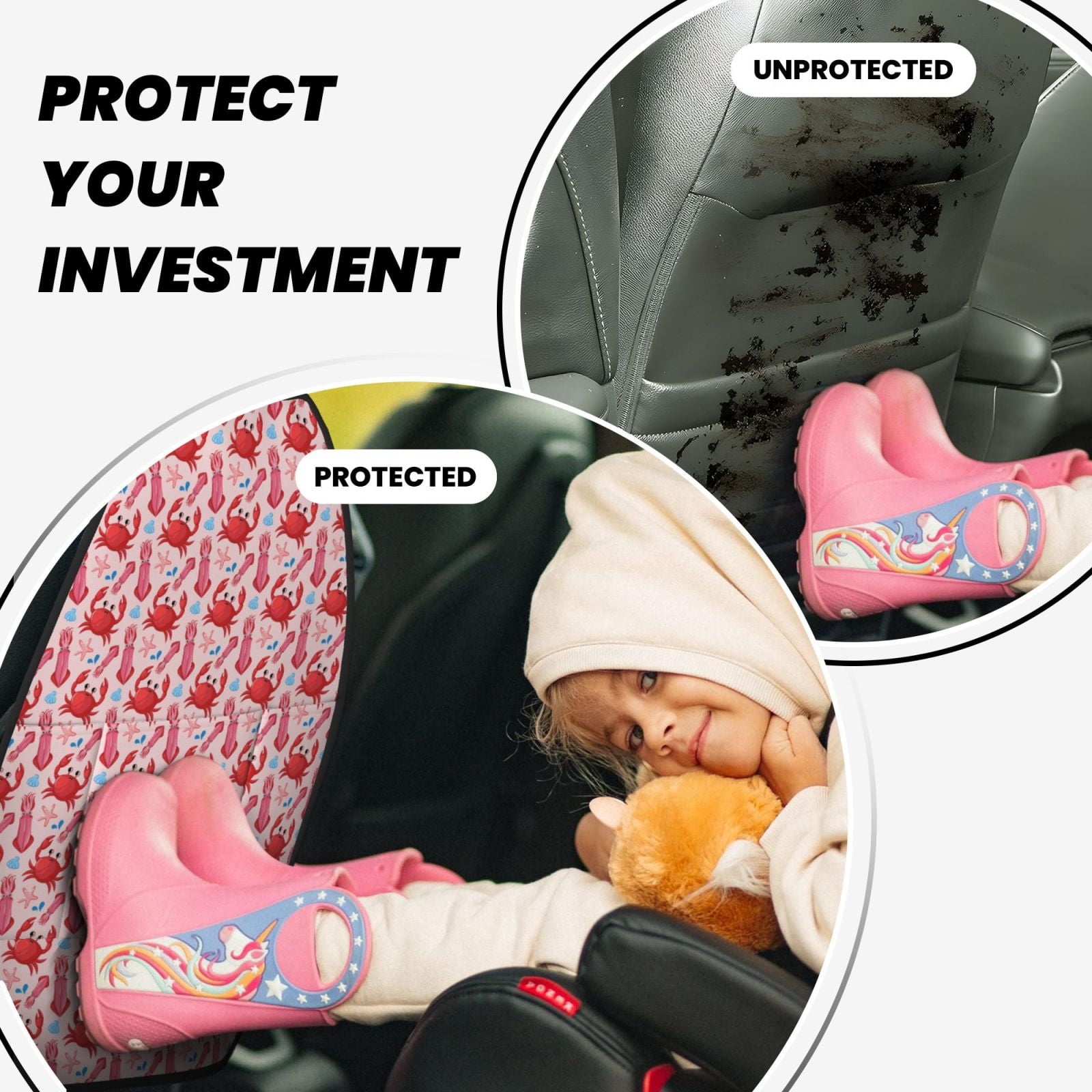 Kdxio Crabs Starfish Print 2 Pack Car Kick Mat Seat Cover Back Protector Mat with Pockets for Organizer Backseat Protector and Storage Anti Kick Pad for Vehicles