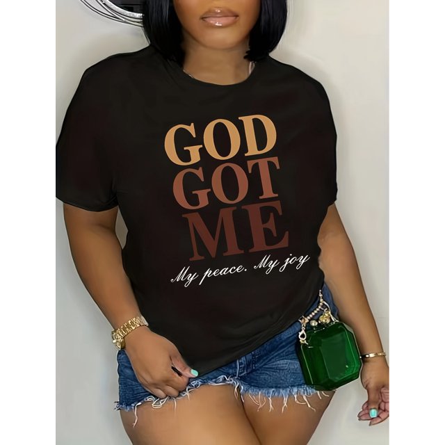 Plus Size Geometric Pattern Letter Print Crew Neck Short Sleeve T-Shirt - Regular Fit, Machine Washable, All Season Wear - Black Fashion, Casual, Pullover Style