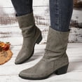 thumbnail image 3 of HEWUQI Women's Mid Calf Boots Leather Pointed Toe Ruched Low Block Heels Comfortable Boho Retro Casual Party Winter Dressy Shoes Gray Size 6.5, 3 of 7