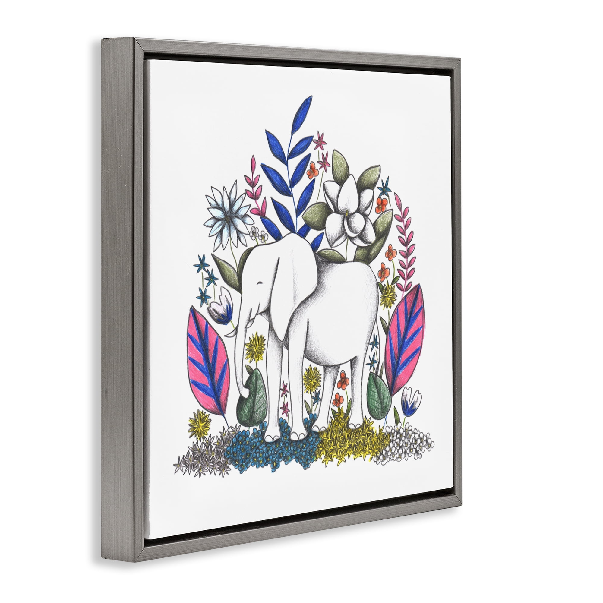 Elephant in Midst of Flowers Gray Framed Floater Canvas Wall Art, design by Cecilia Battaini