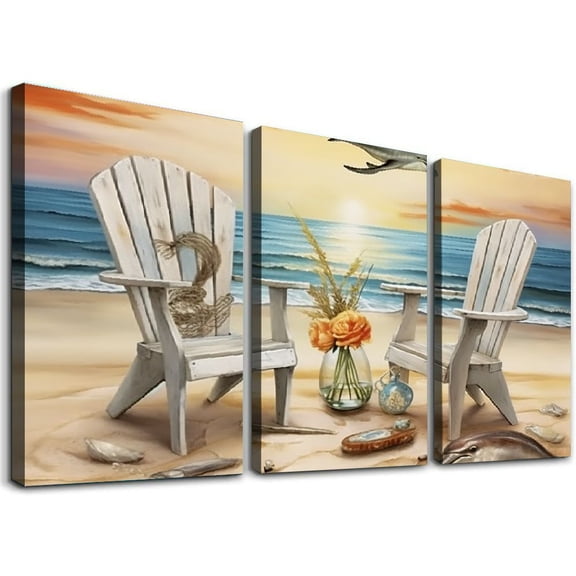 PRATYUS Canvas Wall Art 3 Piece Set Fall Decor Beach Sunset Beach Chairs 12x16x3pcs