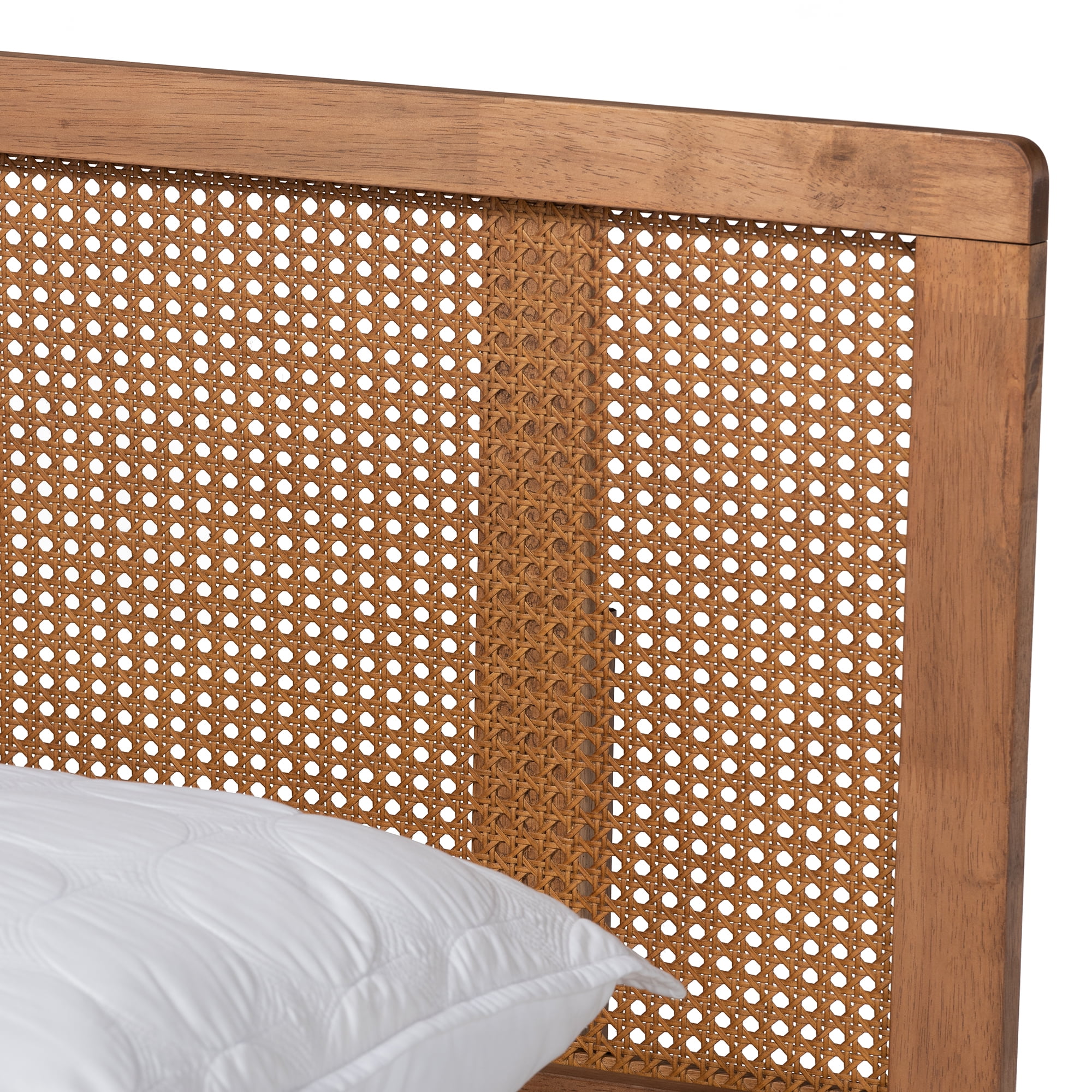 Baxton Studio Romy Vintage French Inspired Ash Wanut Finished Wood and Synthetic Rattan Queen Size Platform Bed