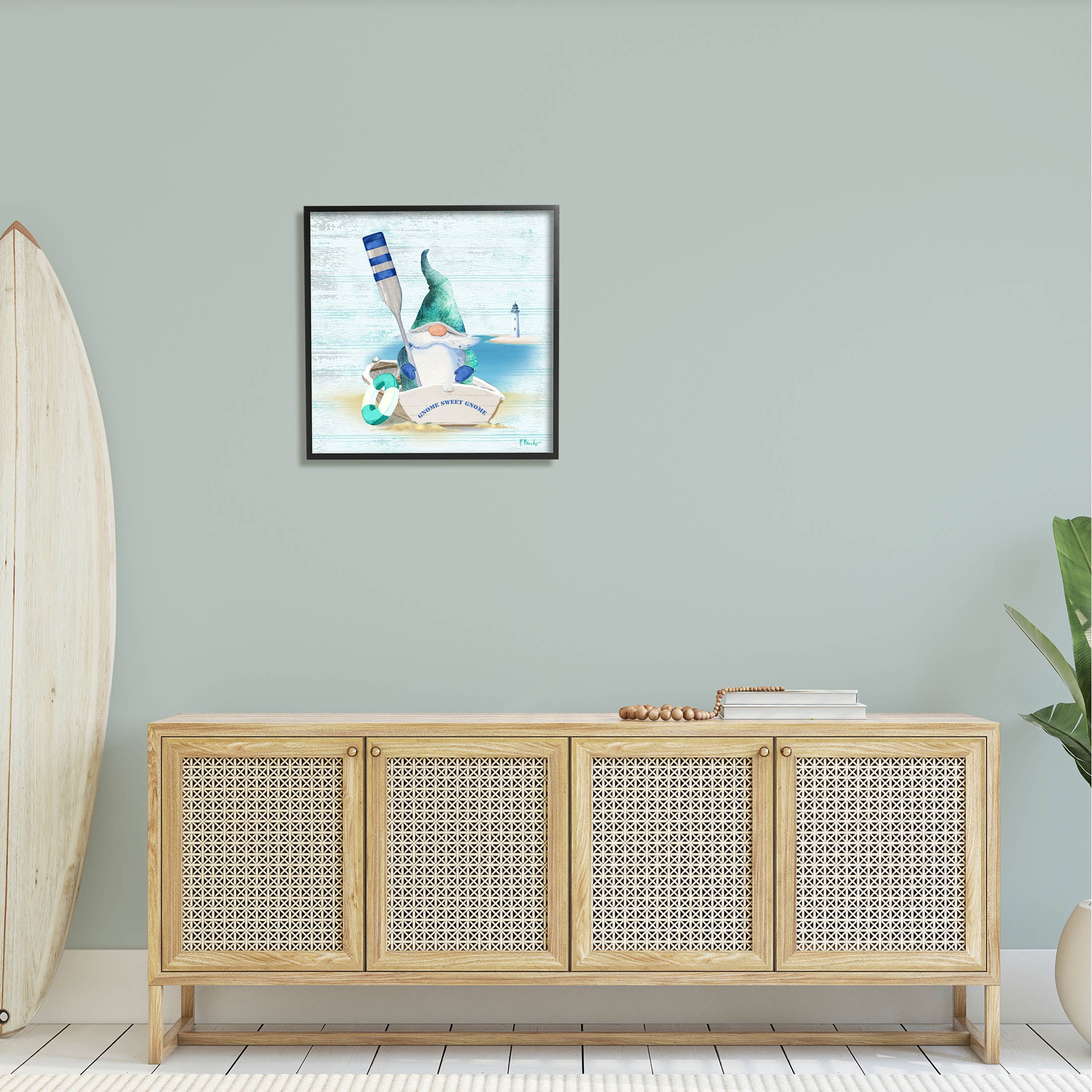 Stupell Industries Coastal Gnome Blue Row Boat Graphic Art Black Framed Art Print Wall Art, Design by Paul Brent