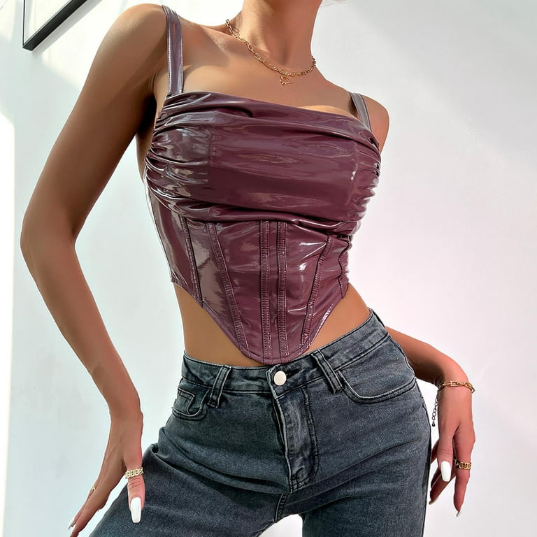 JGGSPWM Women's Straps Metalic PU Leather Bustier Crop Top Push Up Corset Top  Bra Clubwear Purple M 