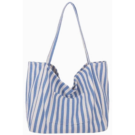 NCY canvas tote bag for women, beach striped medium size shoulder bag with pocket, college everyday casual tote bag for work