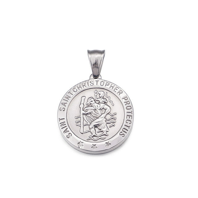 St Christopher Necklace Personalized Engraved Round Medallion Antiqued Religious Protector Talisman Pendant Medal - Silver