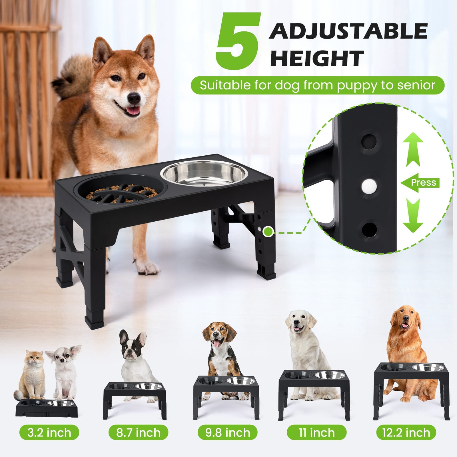 Elevated Dog Bowls Stand with 2 Stainless Steel Bowls & 1 Slow Feeder Adjusts to 5 Heights for Small Medium and Large Dogs(Black)