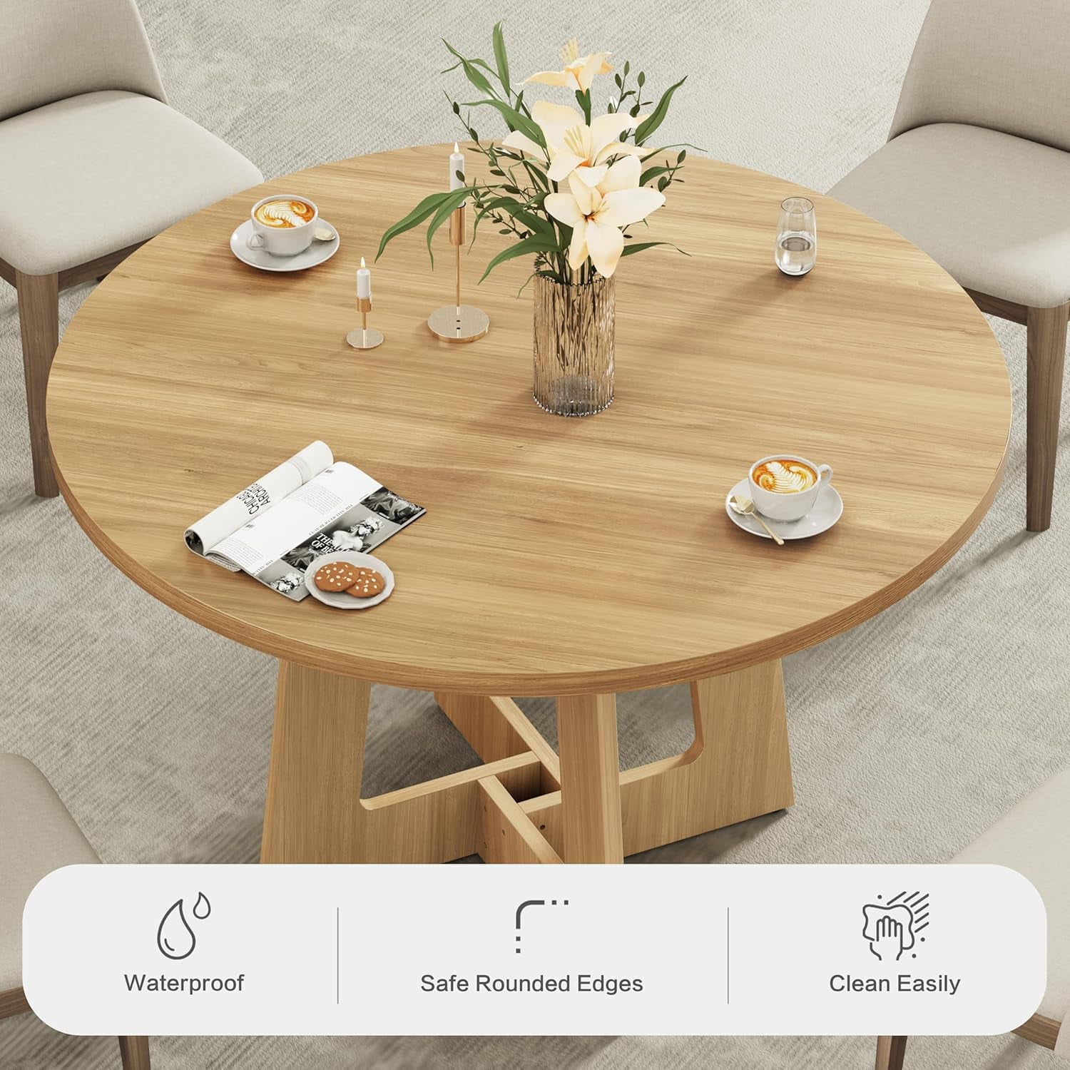 Round Dining Table for 4, 43" Farmhouse Kitchen Table, Wooden Circle Table, 300lb Capacity & Easy Assembly for Home Dining Room Kitchen Living Room (Natural Oak)