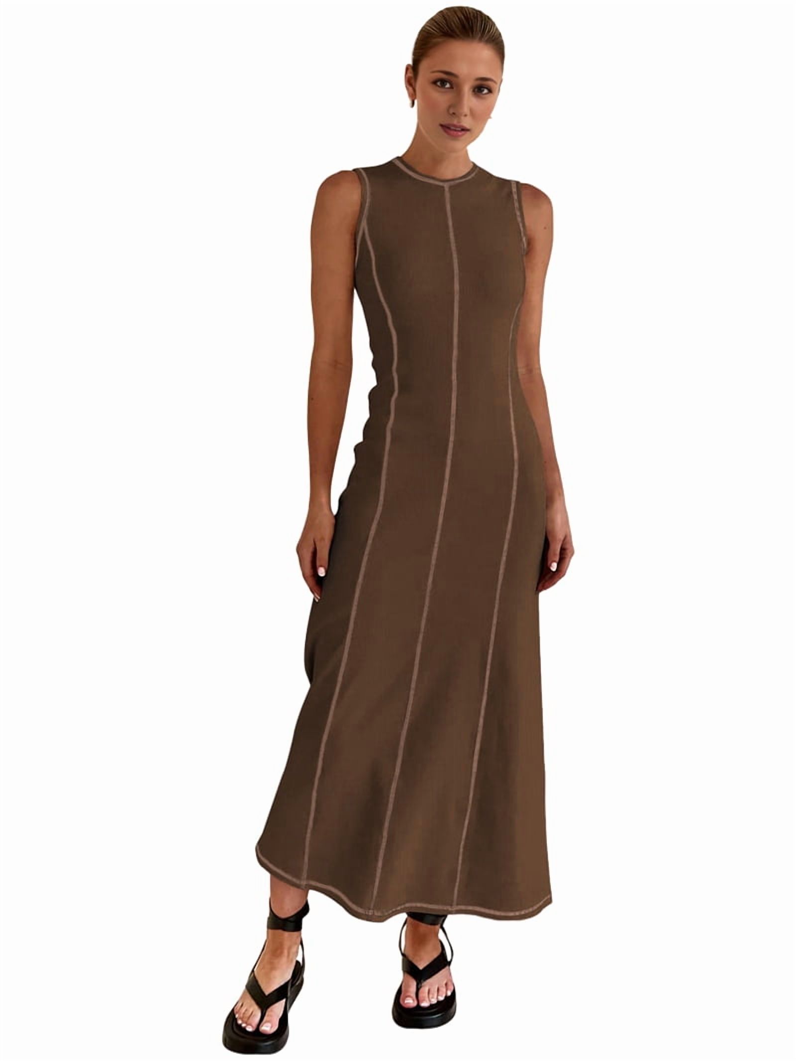 Womens Sleeveless T Shirt Dress Summer Contrast Ribbed Knit Tank Maxi Dresses Coffee Color S