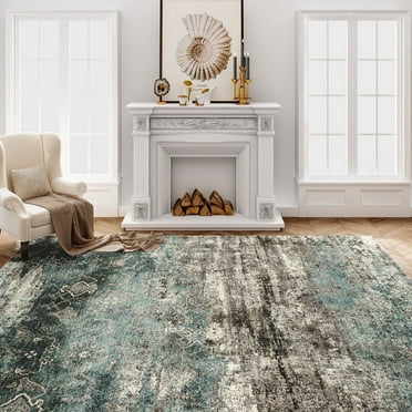 VUNATE 5'x7' Area Rugs for Living Room Machine Washable Rugs Abstract Vintage Distressed Indoor Rug Carpet Soft Lightweight Large Area Rug for Bedroom Dining Room Kitchen Foldable Nonslip Rug Teal