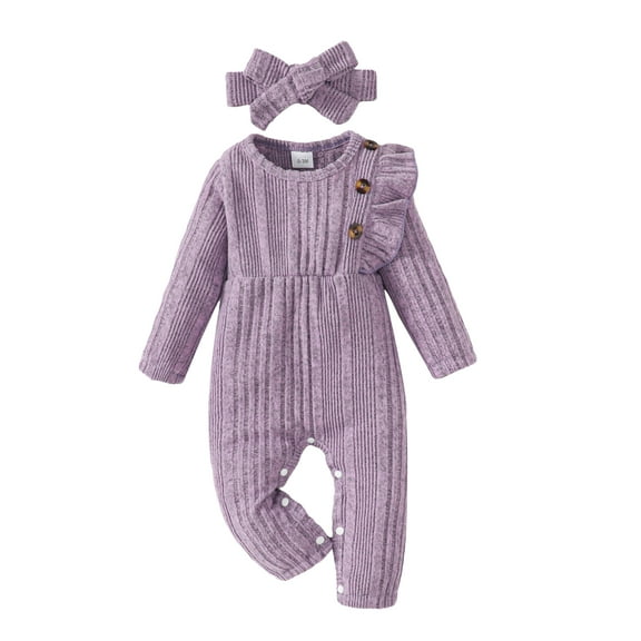 Kucnuzki Newborn Baby Girls Romper 0-3 Months Winter Clothes Ruffle Long Sleeves Solid Color Jumpsuit Button One-piece Overalls with Headband 2pcs Clothing Purple