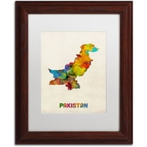 Trademark Fine Art 'Pakistan Watercolor Map' Canvas Art by Michael Tompsett, White Matte, Wood Frame