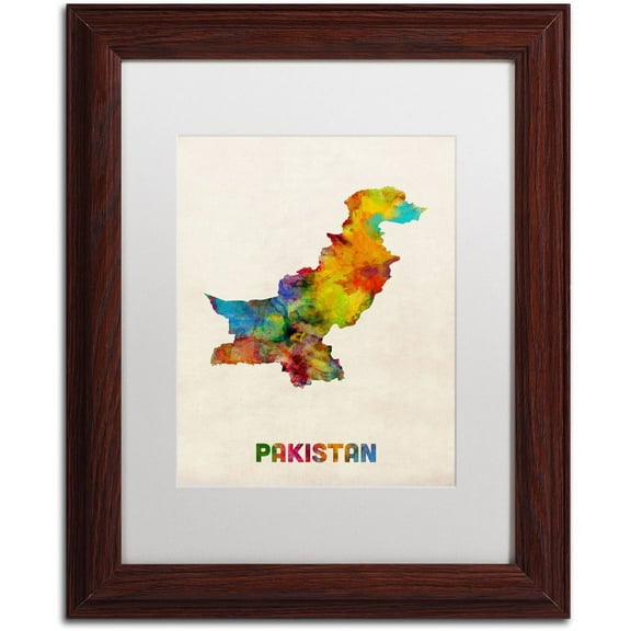 Trademark Fine Art 'Pakistan Watercolor Map' Canvas Art by Michael Tompsett, White Matte, Wood Frame