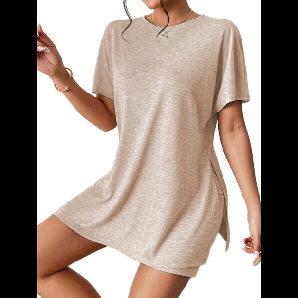 Conjunto de Dos Piezas de Corta para Mujer: Camiseta Holgada y Shorts Estilo Biker, Color Albaricoque XXL