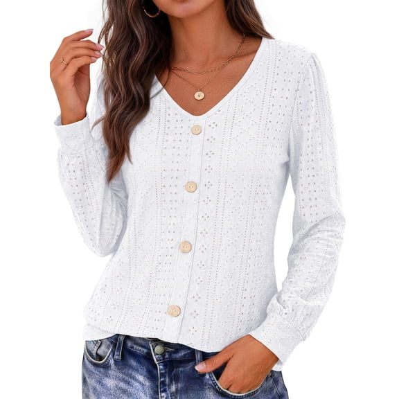 Fantaslook Tops for Women V Neck Long Sleeve Blouses Eyelet Casual Fall Shirts Trendy