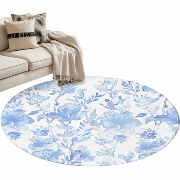 Watercolor Blue Floral Round Area Rug 4 FT, Non Slip Indoor Outdoor Rug, Blue Ombre Botanical Summer Washable Soft Circular Carpet Non-Shedding Floor Mat for Coffee Table Nursery Foyer Balcony