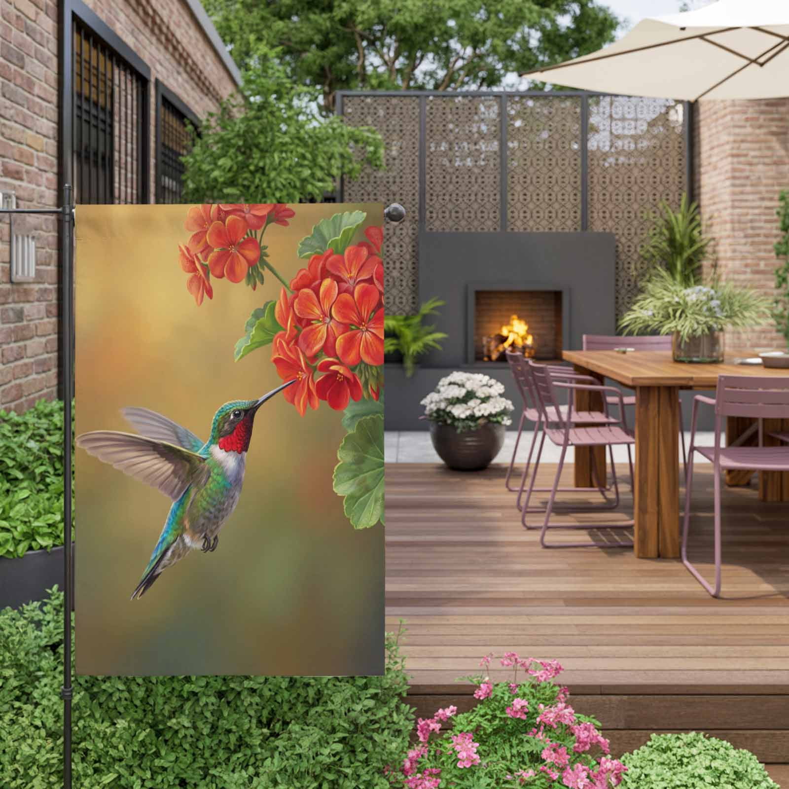 Bird Floral House Flag 28 x 40 Inches, Red Flower Hummingbird Spring Plant Realistic Nature Weather Proof Outdoor Patio Flags Double Sided Small House Decoration for Yard Lawn Outside Home