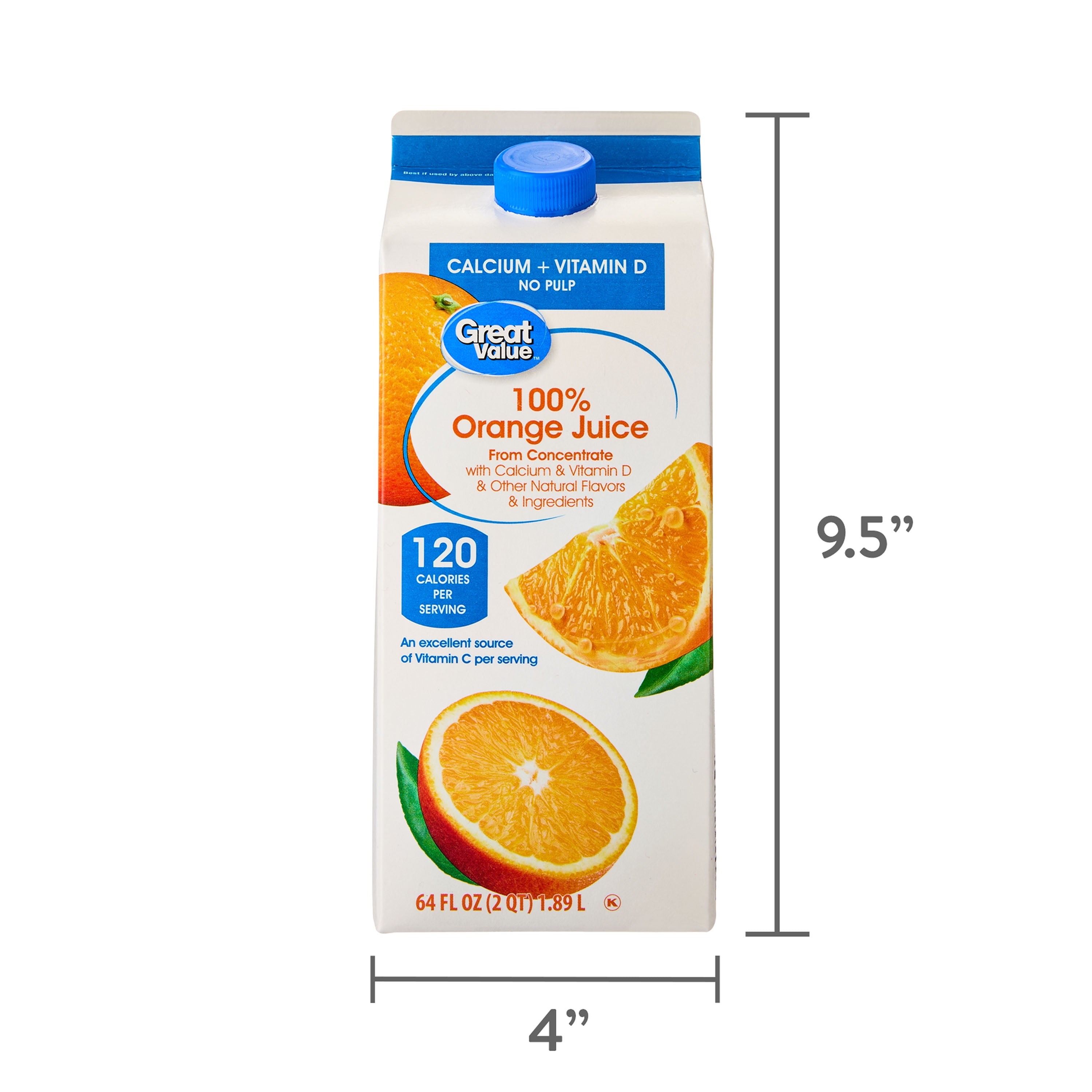 Great Value 100% Orange Juice from Concentrate, No Pulp, Calcium, and Vitamin D, 64 fl oz