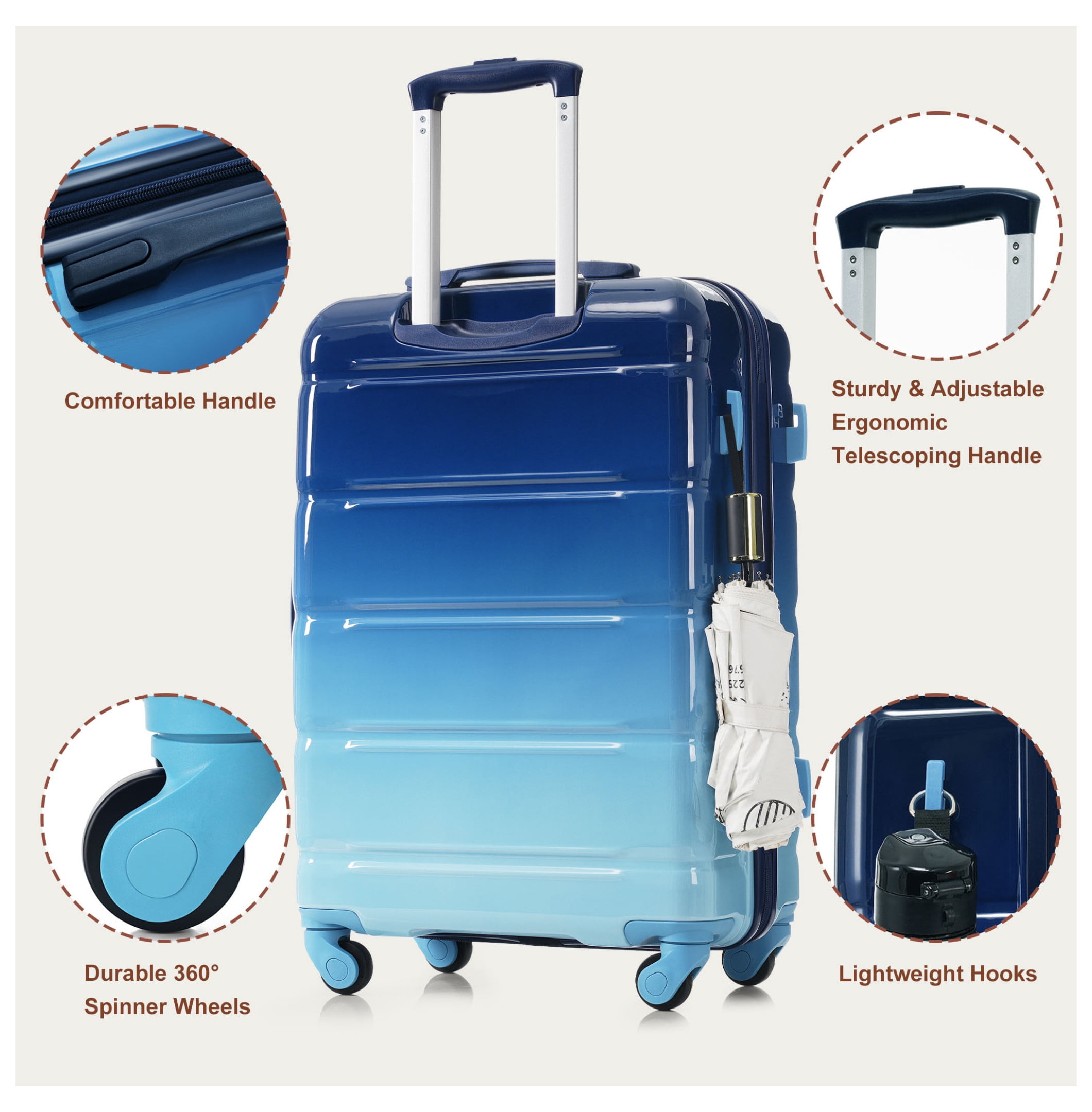 Luggage Set of 3, 20-inch with USB Port, Airline Certified Carry-on Luggage , +PC Hard Shell Luggage with Spinner Wheels, Gradient Blue