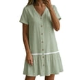 thumbnail image 3 of Ygbgbb Women's Linen-Blend Mini Dress, V-Neck Short Sleeve with Button Front & Lace Trim, Casual Summer Tunic Dress Green XXL, 3 of 8