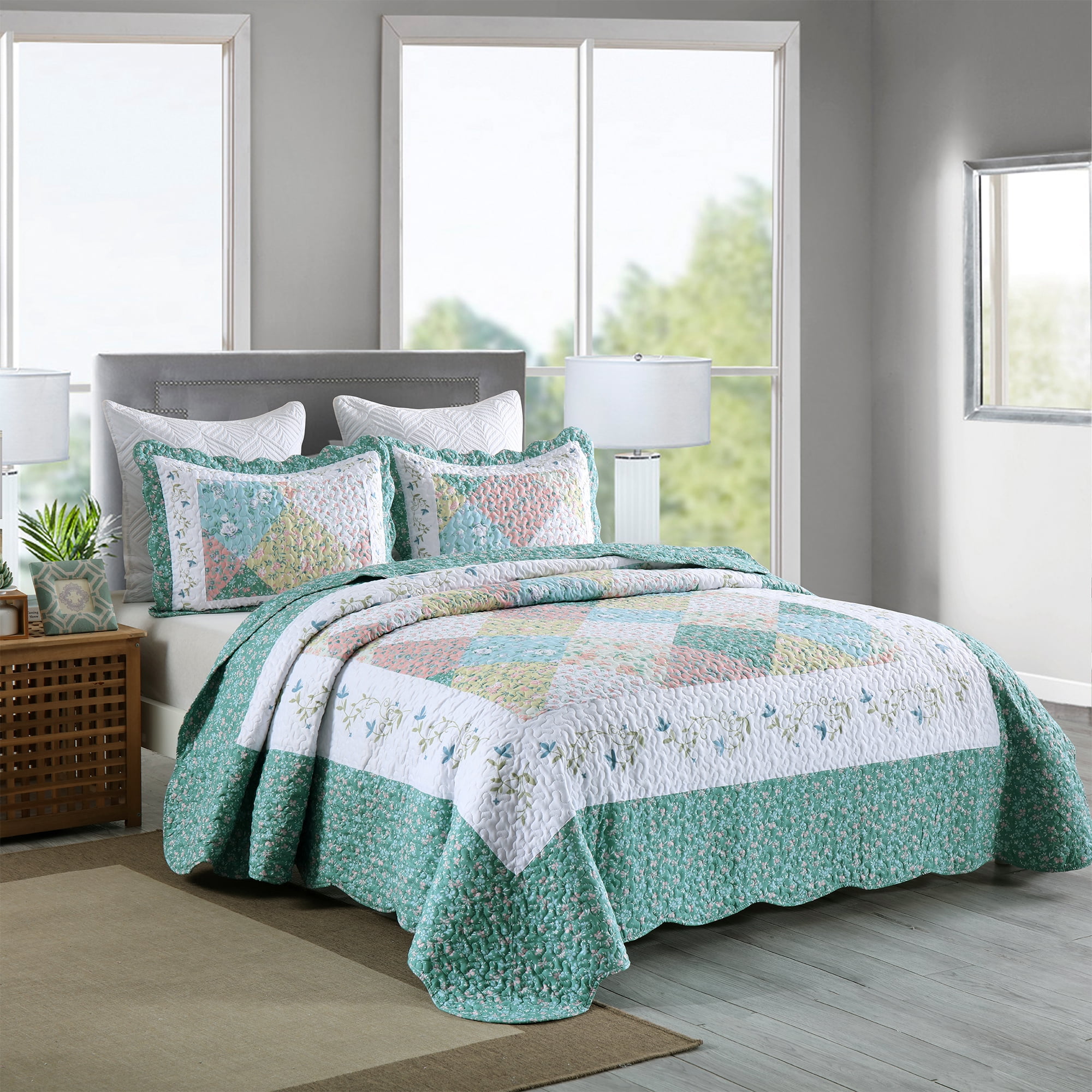 MarCielo 3 Piece Printed Quilt Set Lightweight Bedspread Set B027
