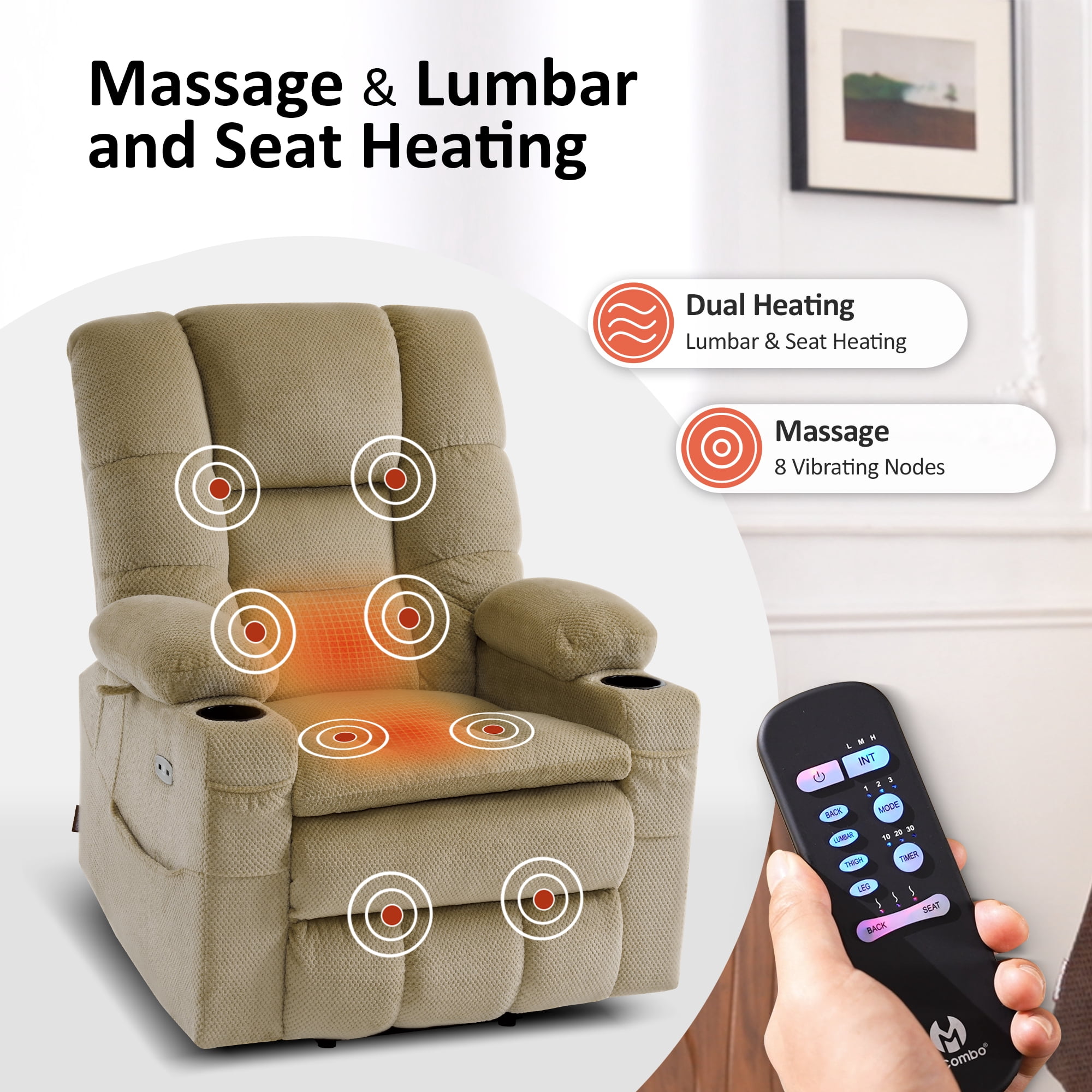 MCombo Large Triple Motor Power Lift Recliner for Big Tall Elderly, Fabric, Beige
