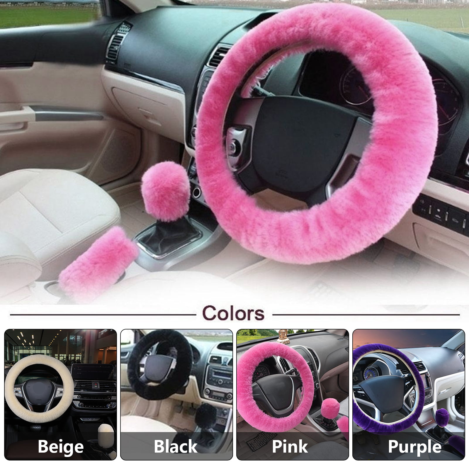 3pcs Pink Auto Car Steering Wheel Cover Warm Soft Case Plush Winter Car Decor