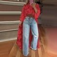 thumbnail image 2 of JGGSPWM Women Plus Size High Low Hem Shawl Round Neck Lace Short Front Long Back Casual Stretchy Knit T-Shirt Blouse See Through Top Red 2XL, 2 of 5