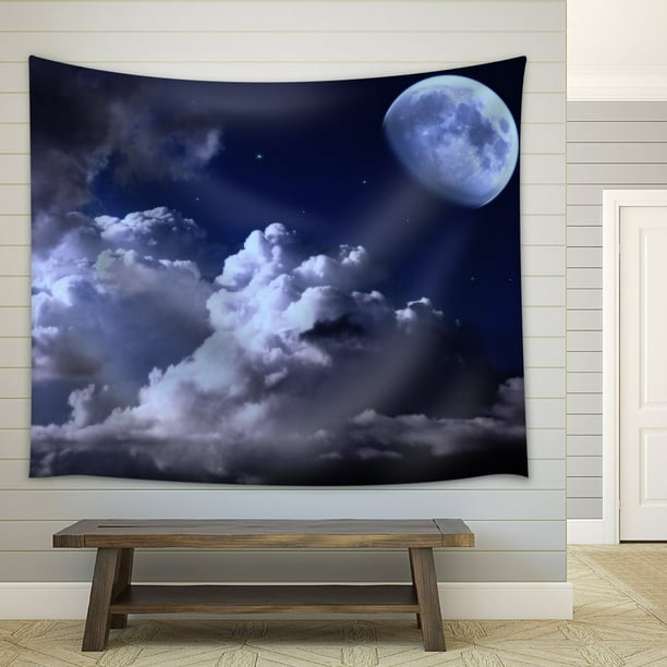 wall26 - Night Sky with the Moon, Clouds and Stars - Fabric Wall Tapestry Home Decor - 68x80 inches
