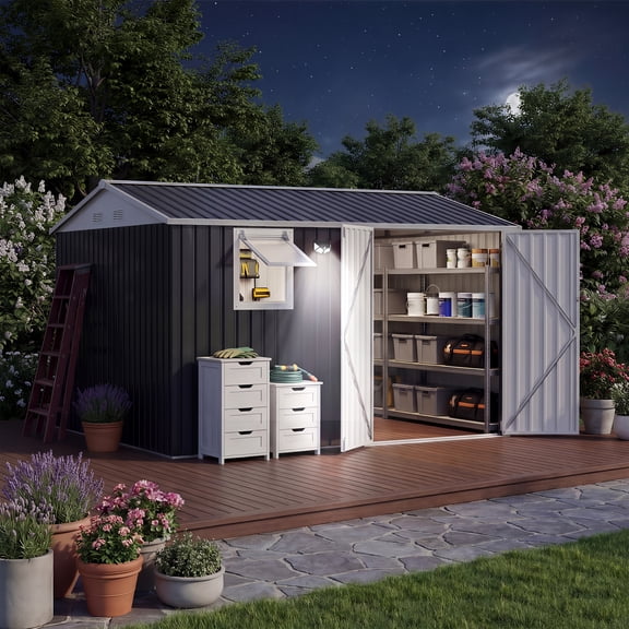 Garvee 10 x 8 FT Outdoor Storage Shed with Pushable Window, LED Light & Pegboard, Metal Garden Shed with Sloped Roof, Air Vent & Lockable Doors, Black