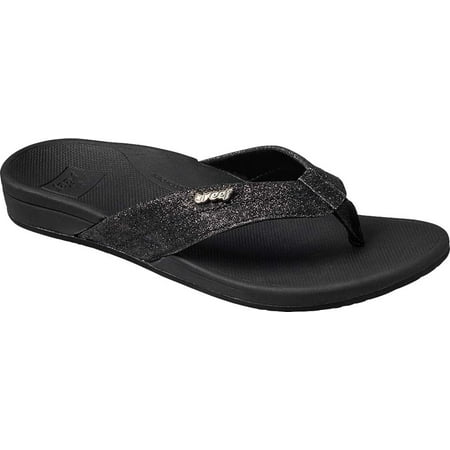 

Women s Reef Ortho-Spring Flip Flop Black/Black Glitter Recycled PET/Vegan Leather 5 M