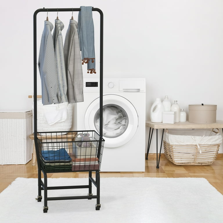IAJXWI 3 Tier Laundry Cart with Clothes Rack Rolling Laundry Butler with Wire Storage Rack Black