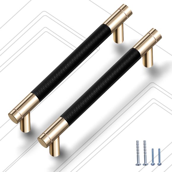 Guoharda 12 Pack 3 3/4 Inch 96 mm Knurled Cabinet Handles Cabinet Pulls Aluminum Handles Pulls Gold and Black Oxidation Finish with Diamond Pattern 5" Length (3.75"