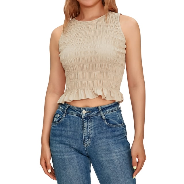 Nituyy Débardeurs Unis pour Femmes, Mode Sans Manches Col Rond Ourlet à Volants Tops Smockés