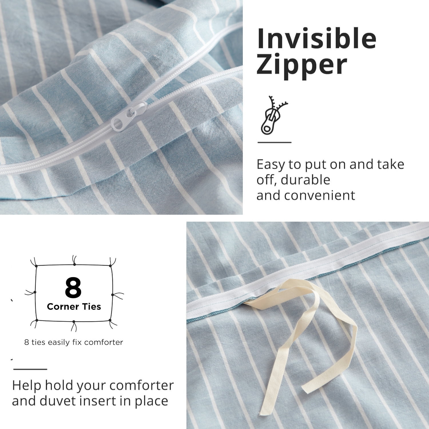 3 Pieces 100% Washed Cotton White Blue Striped Duvet Cover Set Breathable Durable Soft Queen Bedding Set for All Season with Zipper Closure Corner Ties