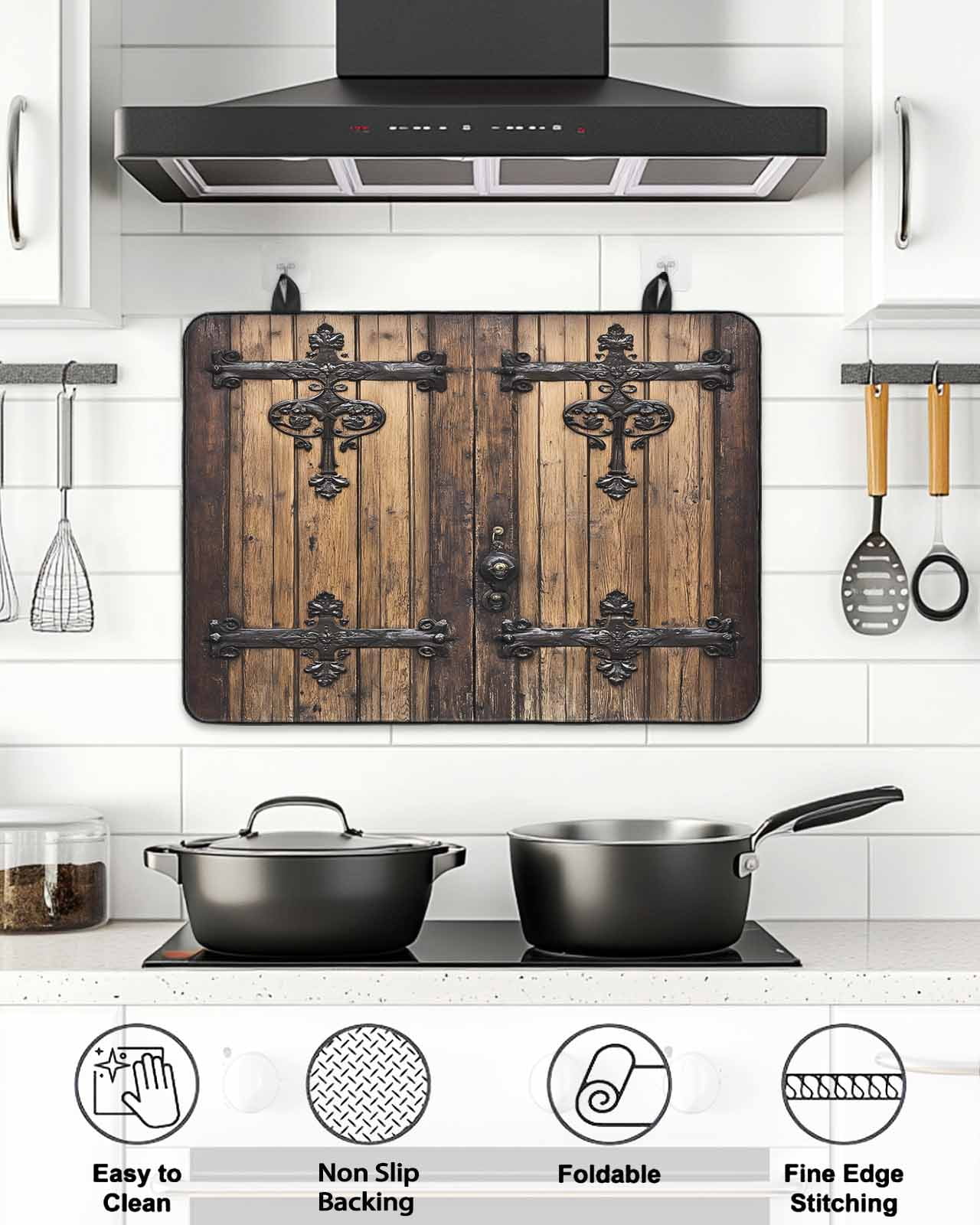 Stove Top Covers for Electric Stove, Rustic Wooden Door Glass Stovetop Cover Protector, Brown Black Farmhouse Country Vintage Induction Cooktop Protector Oven Mat for Kitchen Countertop 24"x21"