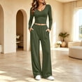 thumbnail image 6 of DYTTDG Women’s 2‑Piece Outfit Set, V‑Neck Long Sleeve Crop Top & Drawstring Elastic Waist Wide Leg Pants with Side Pockets, Solid‑Color Casual Loungewear Suit for Fall Winter Daily, 6 of 8