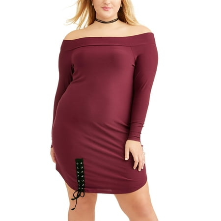 Junior's Plus Long Sleeve Off Shoulder Knit Dress with Lace Up Detail