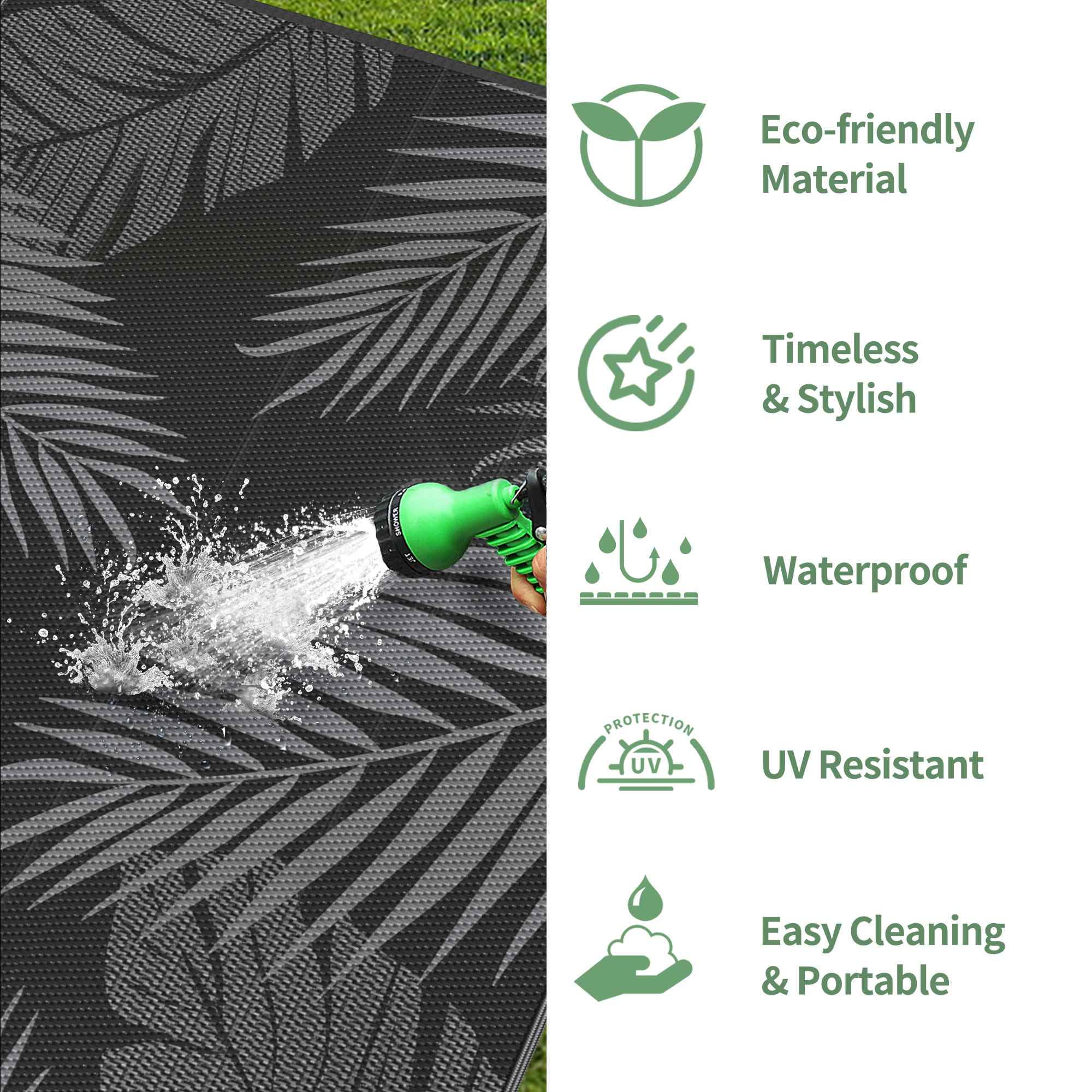DEORAB 6'x9' Outdoor Rugs Patio Waterproof Outside Mat Reversible Plastic Camping Carpet,Black & Grey
