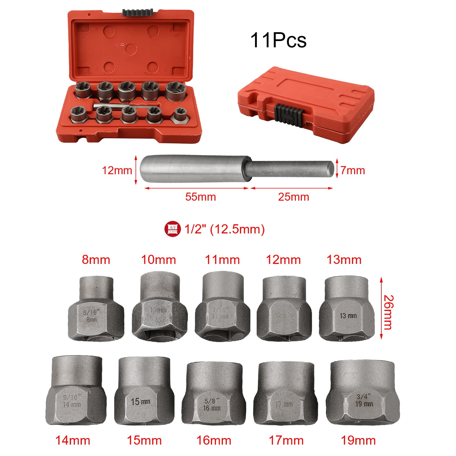 chengsi 10/11pcs 1/2 Broken Bolt Extractor Socket Set Nut Remover Drive Extractor