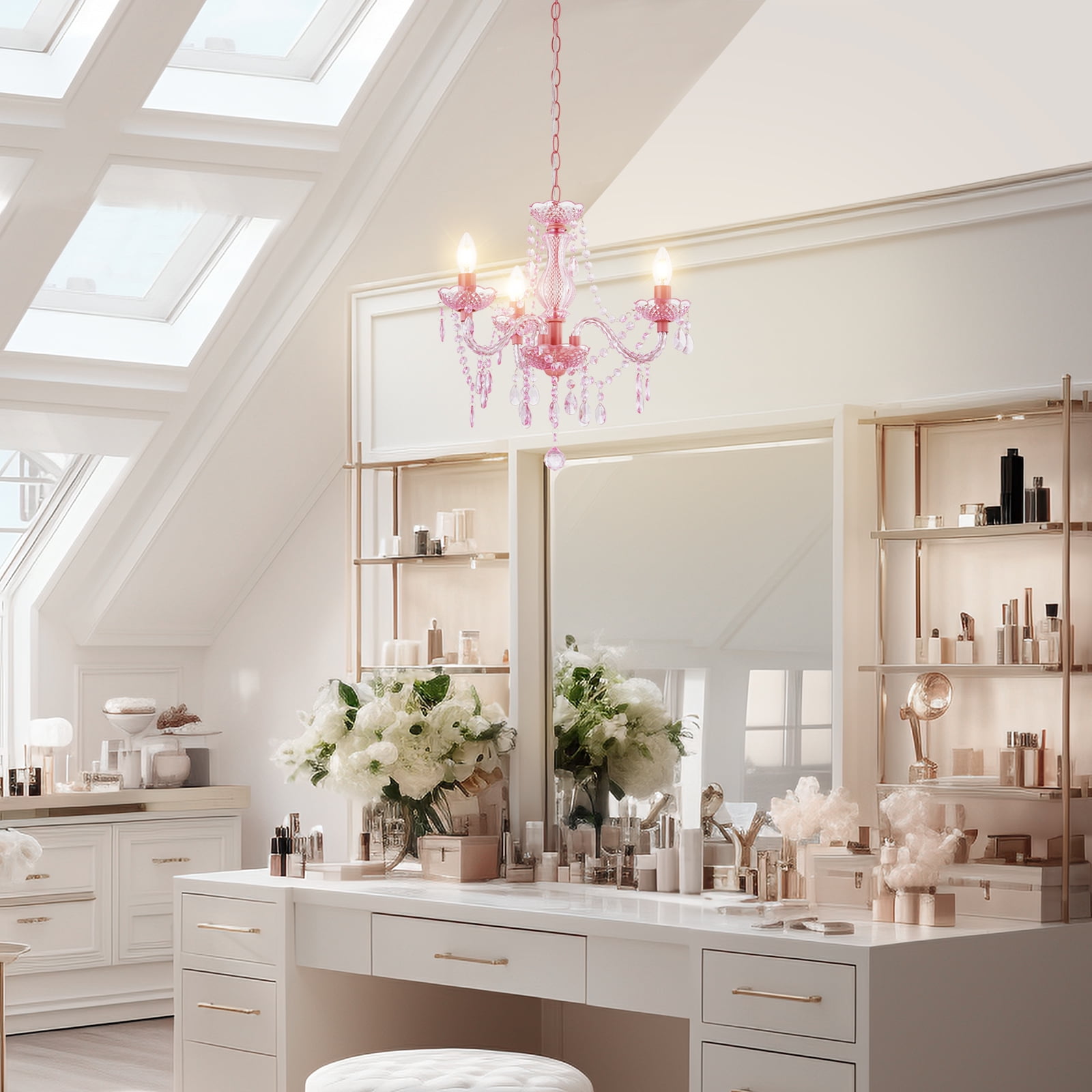 NATYSEAN Crystal Chandelier, 3-Light Modern K9 Crystal Chandelier for Dining Room, Pendant Ceiling Lighting Fixture for Bedroom, Living Room, Dining Room, Entryway, Pink