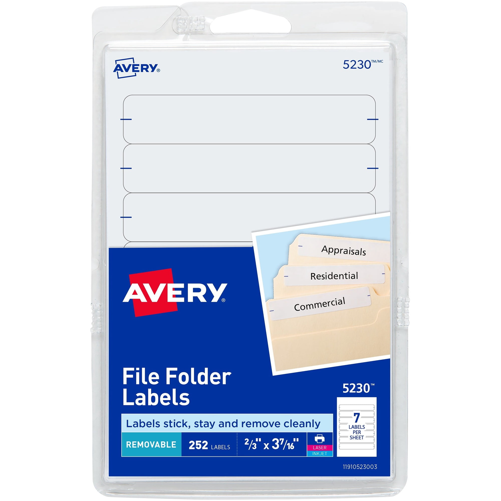 Avery&reg; Removable File Folder Labels - 21/32" Width X 3 7/16" Length - Removable Adhesive - Rectangle - Laser, - White - Paper - 7 / Sheet - 648 Total Sheets - 4536 Total Label(s) - 18 / Carton
