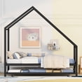 thumbnail image 2 of Twin Size House Bed with Trundle Bed and Casters, Metal Platform Bed Frame with Roof and Slats Supports, Low House Bed for Kids Adults Bedroom, Mattress Not Included, Black, 2 of 7