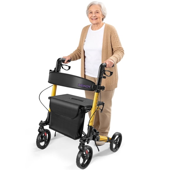 KEKOY Walkers for Seniors Foldable Mobility Rollator with Seat 350 lb, Adjustable Handles and Backrest Height, Adult Aluminum Rolling Walker, 8" Big Wheels, Yellow