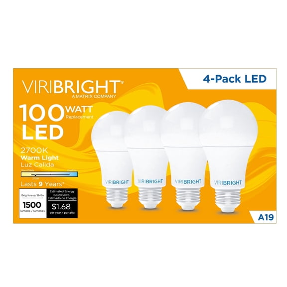 Viribright® A19 LED Bulb, 100W, Non Dimmable, 1500 Lumens, Warm White 2700K (4 Pack)