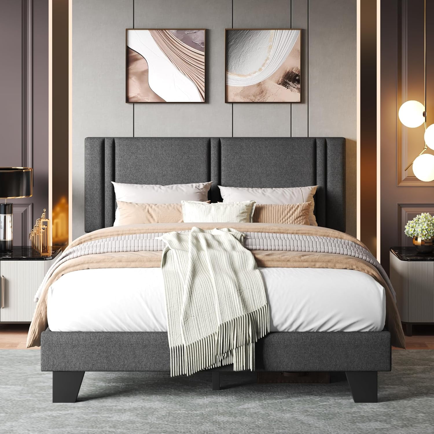 Honfach Full Bed Frame, Velvet Upholstered Platform Bed Frame, Solid Wood Slats & Heavy Duty Feet Support, No Box Spring Needed, Noise-Free, Easy Assembly, Dark Gray